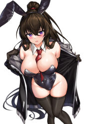 Rule 34 | 1girl, absurdres, animal ears, bare shoulders, between breasts, black gloves, black hairband, black jacket, black leotard, black thighhighs, breasts, brown hair, cleavage, counter:side, covered navel, detached collar, elze (s01047480836), fake animal ears, feet out of frame, frown, gloves, hairband, highleg, highleg leotard, highres, jacket, large breasts, leotard, long hair, long sleeves, necktie, necktie between breasts, off shoulder, open clothes, open jacket, open mouth, playboy bunny, ponytail, purple eyes, rabbit ears, skindentation, solo, standing, strapless, strapless leotard, sweatdrop, thighhighs, thighs, very long hair, yoo mina