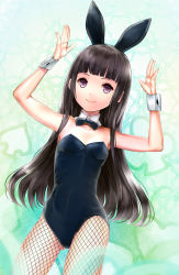 Rule 34 | 1girl, animal ears, arms up, black bow, black bowtie, black hair, black leotard, blue background, blunt bangs, bow, bowtie, breasts, brown eyes, detached collar, fake animal ears, fishnet pantyhose, fishnets, highres, hourainingyou, leotard, long hair, original, pantyhose, playboy bunny, rabbit ears, rabbit girl, small breasts, smile, solo, strapless, strapless leotard, wrist cuffs