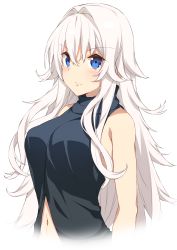 Rule 34 | 1girl, absurdres, bare arms, bare shoulders, black shirt, blue eyes, blush, breasts, closed mouth, hair between eyes, hair intakes, highres, large breasts, long hair, looking at viewer, navel, original, shirt, sidelocks, simple background, sleeveless, sleeveless shirt, solo, stomach, turtleneck, upper body, white background, white hair, yappen