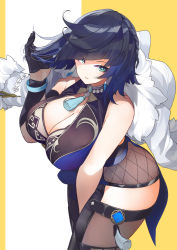 Rule 34 | 1girl, asymmetrical gloves, bare shoulders, black hair, black pants, blue dress, blue hair, blush, bob cut, breasts, cleavage, cleavage cutout, clothing cutout, diagonal bangs, dice, dress, earrings, fur-trimmed jacket, fur trim, genshin impact, gloves, green eyes, highres, jacket, jacket on shoulders, jewelry, large breasts, long sleeves, looking at viewer, mismatched gloves, miya ur, mole, mole on breast, multicolored hair, neck ring, pants, pelvic curtain, short hair, tassel, thighs, tight clothes, tight pants, two-tone hair, white jacket, yelan (genshin impact)