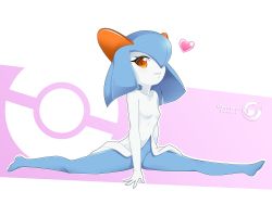 Rule 34 | 1girl, alternate color, artist name, barefoot, blue hair, blush, breasts, collarbone, convenient arm, creatures (company), female focus, full body, game freak, gen 3 pokemon, hair over one eye, heart, highres, kirlia, looking at viewer, medium hair, nintendo, no humans, orange eyes, orcaleon, outline, parted lips, poke ball symbol, pokemon, pokemon (creature), purple background, shiny pokemon, simple background, sitting, small breasts, smile, solo, split, teeth, two-tone background, watermark, white outline