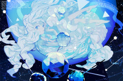 Rule 34 | 1girl, banner, bare legs, barefoot, blue eyes, blue theme, colored eyelashes, colored skin, constellation, crystal, dress, english text, floating, floating hair, long dress, long hair, looking at viewer, original, planet, shishio (shishio5431), solo, space, star (sky), symbol-shaped pupils, triangle, uranus (planet), very long hair, white dress, white hair, white skin