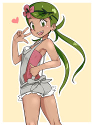 Rule 34 | 1girl, ass, back bow, bad id, bad pixiv id, bare shoulders, blush, border, bow, breasts, creatures (company), dark-skinned female, dark skin, female focus, flower, from behind, game freak, green eyes, green hair, green hairband, hair flower, hair ornament, hairband, hand on own hip, hand up, happy, heart, kneepits, legs apart, light blush, long hair, looking at viewer, looking back, mallow (pokemon), matching hair/eyes, nintendo, open mouth, orange background, outline, outside border, overalls, pink flower, pink shirt, pokemon, pokemon sm, shiny skin, shirt, simple background, small breasts, smile, solo, standing, strapless, swept bangs, teeth, trial captain, tube top, twintails, w, white border, white outline, zaitsu