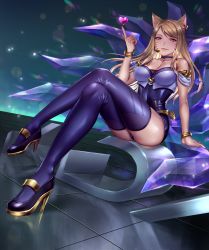 Rule 34 | 1girl, ahri (league of legends), animal ears, bare arms, bare shoulders, black choker, blonde hair, blurry, bokeh, bracelet, breasts, choker, cleavage, closed mouth, collarbone, commentary, covered navel, crossed legs, crystal tail, depth of field, ear ornament, ear piercing, facial mark, fox ears, fox girl, full body, hand up, heart, heart o-ring, high heels, highres, index finger raised, jewelry, k/da (league of legends), k/da ahri, kitsune, knees together feet apart, large breasts, league of legends, leotard, long hair, looking at viewer, mary janes, nostrils, nyaamen fork, official alternate costume, official alternate hair color, parted bangs, piercing, purple leotard, purple thighhighs, reflective floor, shoes, sitting, smile, solo, sparkle, strapless, strapless leotard, thighhighs, tile floor, tiles, whisker markings, yellow eyes