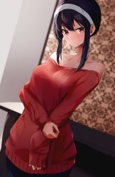 Rule 34 | 1girl, absurdres, bad id, bad twitter id, bare shoulders, black hair, blurry, blurry background, blush, breasts, closed mouth, collarbone, dutch angle, hairband, highres, holding own arm, looking at viewer, medium hair, nanashinayuzu mochi, off-shoulder sweater, off shoulder, raised eyebrows, red eyes, red sweater, sidelocks, solo, spy x family, sweater, white hairband, yor briar