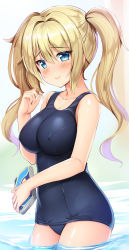 Rule 34 | 1girl, barbara (genshin impact), bare shoulders, blonde hair, blue one-piece swimsuit, blush, book, breasts, covered erect nipples, genshin impact, twirling hair, half-closed eyes, highres, holding, holding book, kageira, long sleeves, looking at viewer, one-piece swimsuit, partially submerged, smile, solo, swimsuit, twintails