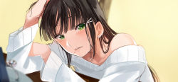 Rule 34 | 1girl, arm up, bad id, bad pixiv id, bare shoulders, blurry, blurry foreground, blush, brown hair, collarbone, depth of field, green eyes, hair ornament, hairclip, hand on own head, head tilt, jewelry, kawaoka sachio, kurosawa dia, long hair, long sleeves, looking at viewer, love live!, love live! sunshine!!, mole, off-shoulder, off-shoulder sweater, off shoulder, ornate ring, parted lips, ring, ring box, solo, sweater, very long hair, wedding ring, white sweater