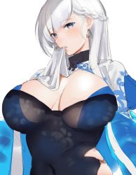 Rule 34 | 1girl, alternate costume, azur lane, belfast (azur lane), belfast (iridescent rosa) (azur lane), belfast (iridescent rosa) (azur lane), biting, biting clothes, black dress, blue eyes, braid, breasts, chain, chinese clothes, cleavage, cleavage cutout, cloak, clothing cutout, collar, commentary request, dress, earrings, french braid, jewelry, large breasts, looking at viewer, nekoshoko, see-through, side braid, silver hair, simple background, solo, white background, white cloak