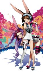 Rule 34 | 2girls, ;d, absurdres, anchor symbol, animal ears, bent over, boots, brown eyes, brown hair, buruma, covered navel, full body, hair ornament, highres, leg up, multiple girls, one eye closed, open mouth, original, purple hair, rabbit ears, rabbit tail, sailor collar, scan, short hair, single thighhigh, smile, striped clothes, striped legwear, striped thighhighs, tail, thigh boots, thighhighs, twintails, wada arco, white legwear, wink, wristband