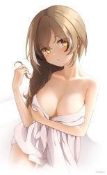 Rule 34 | 1girl, 4zazil, :o, absurdres, blush, breast hold, breasts, brown eyes, brown hair, cleavage, collarbone, highres, hololive, hololive english, long hair, looking at viewer, medium breasts, multicolored hair, naked towel, nanashi mumei, solo, streaked hair, towel, very long hair, virtual youtuber, white background