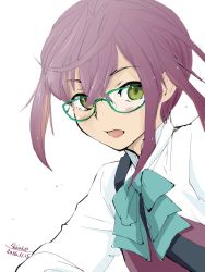 Rule 34 | 10s, 1girl, 2016, 4suke, aqua bow, aqua bowtie, artist name, blush, bow, bowtie, collared shirt, crossed bangs, dated, flat chest, glasses, green-framed eyewear, green eyes, hair between eyes, hair intakes, kantai collection, long sleeves, looking away, looking to the side, multicolored hair, okinami (kancolle), open mouth, pink hair, purple hair, purple vest, school uniform, shirt, short hair, sidelocks, simple background, solo, strap, upper body, vest, white background, white shirt