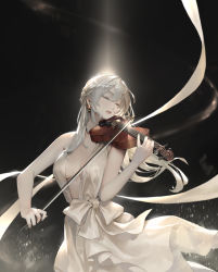 Rule 34 | 1girl, absurdres, bare arms, black background, bow (music), breasts, closed eyes, commentary, dress, earrings, english commentary, highres, holding, holding instrument, holding violin, instrument, jewelry, jung wonjo, light particles, long hair, medium breasts, music, original, parted lips, playing instrument, ribbon, solo, teeth, upper body, violin, white dress, white hair, white ribbon