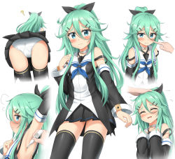 Rule 34 | 10s, 1girl, ?, absurdres, armpits, ass, bare shoulders, bent over, black thighhighs, blue neckerchief, blush, breasts, choker, closed eyes, commentary request, crying, crying with eyes open, detached sleeves, digital thermometer, from behind, green eyes, green hair, hair between eyes, hair ornament, hair ribbon, hairclip, headpat, highres, kantai collection, long hair, long sleeves, looking at viewer, multiple views, neckerchief, nedia (nedia region), panties, ribbon, sailor collar, small breasts, strap slip, tears, thermometer, thighhighs, underwear, wavy mouth, white background, white panties, yamakaze (kancolle), zettai ryouiki
