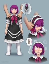 Rule 34 | 1girl, artist name, black dress, blush, bow, child, doll, dress, drooling, empty eyes, eyes visible through hair, female focus, full body, gothic lolita, grey background, hair bow, hairband, highres, hypnosis, light switch, lolita fashion, lolita hairband, marionette, matching hair/eyes, mind control, multiple views, open mouth, pink bow, pink ribbon, puppet, purple eyes, purple hair, ribbon, saliva, short hair, short sleeves, signature, simple background, sleepymaid, standing, steam, teeth, text focus, thighhighs, tongue, white thighhighs