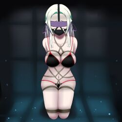 Rule 34 | 1girl, ball gag, bare shoulders, bdsm, black background, black panties, blindfold, blush, bondage, bound, breasts, brown rope, cleavage, cloth gag, collarbone, dankestofdans, edelgard von hresvelg, female focus, fire emblem, fire emblem: three houses, gag, gagged, green background, hair ornament, hair ribbon, harness, harness gag, head harness, highres, improvised gag, intelligent systems, kneeling, large breasts, layered gags, lips, long hair, navel, nintendo, o-ring, panties, pink lips, purple ribbon, red trim, ribbon, rope, shiny clothes, shiny skin, sideboob, solo, thick thighs, thighs, underwear, underwear only, variant set, white hair