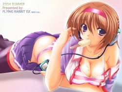 Rule 34 | 00s, 1girl, 2004, ass, bed, blush, bra, breasts, brown hair, cleavage, clothes lift, collarbone, dated, earphones, food, food in mouth, hairband, headphones, large breasts, moeto usana, open clothes, open shirt, original, panties, pink bra, pink panties, popsicle, purple eyes, purple shirt, purple skirt, purple thighhighs, sexually suggestive, shirt, short hair, short sleeves, skirt, skirt lift, solo, source request, striped bra, striped clothes, striped panties, summer, sweat, thighhighs, thong, underwear, us@myo