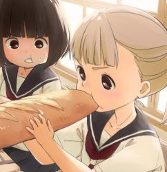 Rule 34 | &gt;:t, 2girls, :t, baguette, blue skirt, blunt bangs, blush, bob cut, bread, brown eyes, brown hair, cheek bulge, chewing, collarbone, copyright request, determined, eating, food, food on face, holding, holding food, katsuwo (cr66g), looking at another, multiple girls, neckerchief, phallic symbol, pleated skirt, ponytail, school uniform, serafuku, sexually suggestive, shirt, short hair, short sleeves, sitting, skirt, tareme, v-shaped eyebrows, white shirt, wide-eyed, window