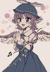 Rule 34 | 151moneco, 1girl, animal ears, beamed eighth notes, bird ears, bird wings, blush, collared shirt, dress, earrings, fingernails, hat, highres, jewelry, limited palette, long fingernails, long sleeves, musical note, mystia lorelei, nail polish, one-hour drawing challenge, open mouth, pink hair, sharp fingernails, shirt, short hair, single earring, sleeve garter, smile, solo, touhou, winged hat, wings