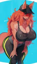 Rule 34 | 1girl, animal ears, bare arms, black headwear, black pants, black tank top, blush, body fur, breasts, curvy, ears through headwear, exhausted, furry, furry female, green eyes, highres, large breasts, long hair, messy hair, original, pants, snout, solo, standing, suurin (ksyaro), sweat, tail, tank top, tongue, tongue out, twitter username