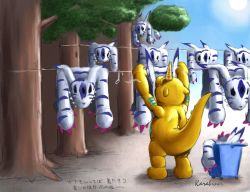 Rule 34 | artist name, clothesline, creature, day, digimon, from behind, full body, furry, gabumon, highres, karabiner, laundry, no humans, outdoors, sun, tagme, translation request, tree