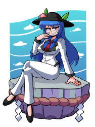 Rule 34 | 1girl, black footwear, black headwear, blue background, blue hair, breasts, cloud, commentary, commission, crossed legs, english commentary, full body, highres, hinanawi tenshi, jacket, kevin arthur, keystone, large breasts, leaf, long hair, looking at viewer, pants, peach hat ornament, red eyes, rope, shimenawa, sitting, smile, solo, touhou, white jacket, white pants