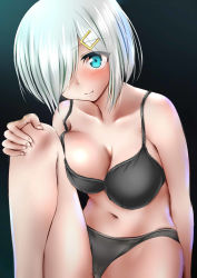 Rule 34 | 10s, 1girl, aqua eyes, black bra, black panties, blush, bra, breasts, cleavage, closed mouth, collarbone, hair ornament, hair over one eye, hairclip, hamakaze (kancolle), hand on own knee, highres, kantai collection, kashiwamochi (kashiwakashiwa), knee up, lace, lace-trimmed bra, lace trim, large breasts, light smile, looking at viewer, navel, panties, shiny skin, short hair, silver hair, sitting, smile, solo, underwear, underwear only