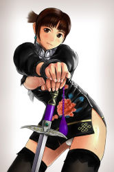Rule 34 | 1girl, alternate costume, black thighhighs, breasts, brown eyes, brown hair, chai xianghua, china dress, chinese clothes, dress, earrings, highres, jewelry, jian (weapon), large breasts, lips, mimura kaoru, no bra, panties, pantyshot, short hair, solo, soul calibur, soulcalibur, soulcalibur ii, sweat, sword, thighhighs, torn clothes, underwear, weapon, wet, white panties