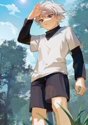 Rule 34 | 1boy, absurdres, arm at side, black shirt, black shorts, blue eyes, blue sky, chinese commentary, cloud, commentary request, day, expressionless, feet out of frame, from below, grass, hand up, highres, hunter x hunter, killua zoldyck, lens flare, long sleeves, looking at viewer, looking down, male focus, outdoors, parted lips, shirt, short hair, shorts, sky, solo, standing, tree, turtleneck, white hair, white shirt, zhongmu