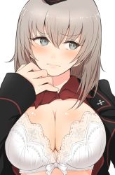 Rule 34 | 10s, 14sai bishoujo (shoutarou), 1girl, black jacket, blush, bra, breasts, cleavage, cross, garrison cap, girls und panzer, grey eyes, hair between eyes, hand on own shoulder, hat, itsumi erika, jacket, large breasts, long sleeves, open clothes, open jacket, open shirt, red shirt, shirt, silver hair, simple background, solo, underwear, white background, white bra