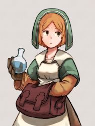 Rule 34 | 1girl, bag, chemist (fft), final fantasy, final fantasy tactics, gloves, grey background, highres, hood, orange hair, potion, searching, simple background, solo, yan pai
