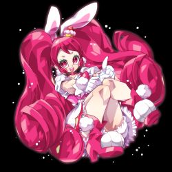 Rule 34 | 10s, 1girl, :d, animal ears, black background, bloomers, rabbit ears, cake hair ornament, choker, cure whip, dress, earrings, food-themed hair ornament, gloves, hair ornament, kirakira precure a la mode, long hair, looking at viewer, magical girl, open mouth, pink eyes, pink footwear, pink hair, pink neckwear, pom pom (clothes), pom pom earrings, precure, senmu (0107), shoes, simple background, smile, solo, twintails, underwear, usami ichika, white gloves