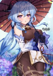Rule 34 | 1girl, ahoge, artist name, bell, black gloves, blue hair, blush, bodysuit, breasts, brown bodysuit, chinese knot, colored tips, cowbell, cowboy shot, felielle, flower knot, ganyu (genshin impact), genshin impact, gloves, goat horns, gold trim, holding, holding umbrella, horns, leotard, light particles, long hair, looking at viewer, low ponytail, medium breasts, multicolored hair, neck bell, open mouth, purple eyes, rain, solo, umbrella