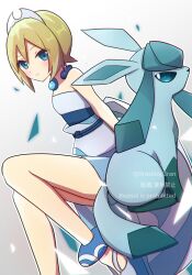 Rule 34 | 0roshioji3ran, 1girl, alternate color, anklet, aqua eyes, blonde hair, blush, closed mouth, collar, commentary request, creatures (company), game freak, gen 4 pokemon, glaceon, gradient background, hair between eyes, hairband, highres, irida (pokemon), jewelry, nintendo, outline, pokemon, pokemon (creature), pokemon masters ex, sash, shirt, shoes, short hair, shorts, smile, strapless, strapless shirt, twitter username, waist cape, watermark