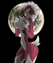 Rule 34 | 1girl, artist request, breasts, creatures (company), female focus, furry, furry female, game freak, gen 7 pokemon, grin, highres, lycanroc, nintendo, outdoors, pokemon, red eyes, sky, smile, solo, standing