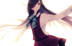 Rule 34 | 10s, 1girl, black hair, bow, bowtie, bright background, brown eyes, gradient background, hair ornament, hair over one eye, hair ribbon, hayashimo (kancolle), kantai collection, long hair, long sleeves, looking at viewer, multicolored hair, outstretched arms, pantyhose, pleated skirt, purple hair, ribbon, sayori (oskn), school uniform, skirt, smile, solo, very long hair