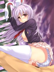 Rule 34 | 1girl, animal ears, blazer, blush, breasts, clothed sex, clothing aside, cum, cum in pussy, cum on body, cum on clothes, cum on lower body, grabbing, grabbing another&#039;s breast, hair in own mouth, highres, jacket, light purple hair, long hair, male pubic hair, medium breasts, necktie, nipples, open clothes, open shirt, panties, panties aside, penis, pubic hair, purple hair, rabbit ears, red eyes, red necktie, reisen udongein inaba, sex, shirt, skirt, solo focus, striped clothes, striped panties, thigh sex, thighhighs, thighs, touhou, uncensored, underwear, uni8, upskirt, zettai ryouiki