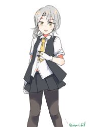 Rule 34 | 1girl, absurdres, asymmetrical hair, black pantyhose, black skirt, black vest, collared shirt, dress shirt, feet out of frame, flipped hair, gloves, grey hair, highres, kantai collection, necktie, nowaki (kancolle), one-hour drawing challenge, pantyhose, pleated skirt, robinson (day l full), school uniform, shirt, simple background, skirt, solo, standing, swept bangs, twitter username, vest, white background, white gloves, white shirt, yellow eyes, yellow necktie