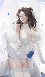 Rule 34 | 1girl, alios arvin, artist name, blue eyes, blue flower, blue nails, blue rose, breasts, bridal lingerie, brown hair, choker, cleavage, clothing cutout, collarbone, dress, earrings, elbow gloves, female focus, flower, garter straps, glasses, gloves, hair intakes, hair ribbon, highres, inoue iris (sdustz), jewelry, large breasts, lingerie, long hair, looking at viewer, mature female, original, panties, parted lips, ponytail, ribbon, rose, seductive smile, see-through, sheer gloves, side cutout, signature, smile, solo, teardrop facial mark, thick thighs, thighhighs, thighs, underwear, upper body, wedding dress, white choker, white dress, white gloves, white panties, white ribbon, white thighhighs