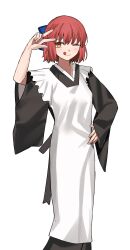 Rule 34 | 1girl, ;q, absurdres, apron, black kimono, blue bow, bow, hair bow, half updo, hand on own hip, highres, japanese clothes, kimono, kohaku (tsukihime), maid, maid apron, musi 2nd, one eye closed, red hair, short hair, simple background, solo, tongue, tongue out, tsukihime, w, wa maid, white apron, white background, wide sleeves, yellow eyes