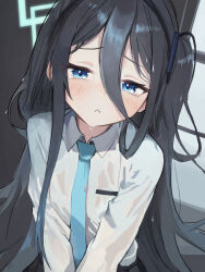 Rule 34 | 1girl, absurdres, aris (blue archive), black hair, blue archive, blue eyes, blue necktie, commentary request, dio nand, flat chest, hair between eyes, halo, highres, long hair, long sleeves, looking at viewer, necktie, see-through, see-through shirt, shirt, side ponytail, solo, upper body, wet, wet clothes, wet shirt, white shirt