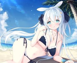 Rule 34 | 1girl, :q, animal ears, aqua eyes, bare shoulders, bikini, black bikini, black bow, blue sky, blush, bow, breasts, rabbit ears, closed mouth, cloud, collarbone, commentary request, day, flower, frilled bikini, frills, front-tie bikini top, front-tie top, hair bow, hair flower, hair ornament, hair rings, hand up, horizon, jewelry, large breasts, long hair, lying, navel, necklace, ocean, on side, original, outdoors, palm tree, pearl necklace, pendant, satsuki yukimi, side-tie bikini bottom, silver hair, sky, smile, solo, swimsuit, tongue, tongue out, tree, very long hair, water, white flower
