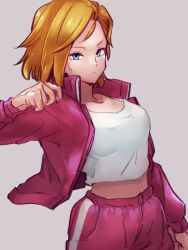 Rule 34 | 1girl, alternate costume, android 18, blonde hair, blue eyes, breasts, casual, clenched hand, collarbone, cowboy shot, dragon ball, dragonball z, expressionless, forehead, from side, high-waist pants, jacket, kemachiku, long sleeves, looking at viewer, medium breasts, midriff peek, open clothes, open jacket, pants, parted bangs, pink jacket, pink pants, shirt, short hair, simple background, solo, swept bangs, track jacket, track pants, track suit, white shirt