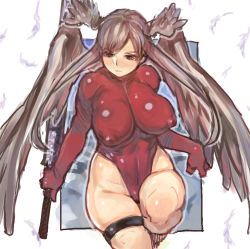 Rule 34 | 1girl, breasts, brown eyes, brown hair, c.cu, covered erect nipples, final fantasy, final fantasy tactics, head wings, highleg, highleg leotard, large breasts, leotard, long hair, plump, puffy nipples, red leotard, silver hair, solo, sword, thighs, twintails, ultima (fft), weapon, wide hips, wings