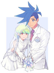 Rule 34 | 2boys, androgynous, artist name, bare shoulders, blue eyes, blue hair, blush, bridal veil, bride, brooch, collared shirt, commentary, cropped legs, crossdressing, dress, eyes visible through hair, flower, flower brooch, formal, galo thymos, green hair, groom, hair flower, hair ornament, hand on another&#039;s waist, highres, holding, holding sword, holding weapon, implied yaoi, jewelry, kome 1022, light smile, lio fotia, long sleeves, looking at viewer, looking down, male focus, mohawk, multicolored eyes, multiple boys, orange eyes, pink eyes, promare, puffy sleeves, shirt, short hair, simple background, smile, spiked hair, suit, sword, trap, veil, weapon, white background, white dress, white suit