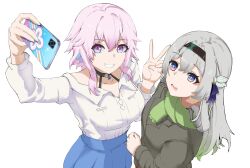 Rule 34 | 2girls, absurdres, black choker, blue eyes, blue skirt, breasts, cellphone, choker, commentary, firefly (honkai: star rail), gradient eyes, green scarf, grey hair, grey jacket, grin, highres, holding, holding phone, honkai: star rail, honkai (series), jacket, kagurachi, large breasts, long sleeves, looking at viewer, march 7th (honkai: star rail), multicolored eyes, multiple girls, open mouth, phone, pink hair, purple eyes, scarf, shirt, short hair, simple background, skirt, smartphone, smile, upper body, white background, white shirt