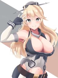 Rule 34 | 1girl, blonde hair, blue eyes, breasts, cleavage, clothing cutout, elbow gloves, front-tie top, gloves, hair between eyes, headgear, highres, iowa (kancolle), kakko026, kantai collection, large breasts, long hair, looking at viewer, navel, navel cutout, simple background, skirt, smile, solo, star-shaped pupils, star (symbol), striped clothes, striped skirt, symbol-shaped pupils, upper body, vertical-striped clothes, vertical-striped skirt, waving