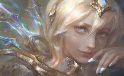 Rule 34 | 1girl, blonde hair, blue eyes, closed mouth, crown, dress, elementalist lux, eyeshadow, highres, league of legends, lips, looking at viewer, lux (league of legends), makeup, nail polish, official alternate costume, short hair, smile, solo, sukeart, white dress, white nails