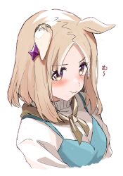 Rule 34 | 1girl, absurdres, animal ears, blonde hair, blush, ear covers, highres, hitode (ziburi), horse ears, horse girl, long sleeves, looking at viewer, narita top road (umamusume), pout, short hair, sideways glance, simple background, single ear cover, solo, sweater, umamusume, wavy mouth, white background, white sweater, yellow eyes