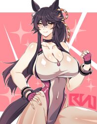 Rule 34 | 1girl, alternate costume, animal ears, bandaid, bandaid on face, bandaid on nose, black hair, blush, breasts, cero rains, cleavage, clenched hand, commentary request, covered navel, ear ornament, fingerless gloves, gloves, hand on own hip, highleg, highleg swimsuit, highres, horse ears, horse girl, horse tail, large breasts, narita brian (umamusume), one-piece swimsuit, pink background, pink gloves, ponytail, rope, shimenawa, simple background, smile, solo, swimsuit, tail, umamusume, yellow eyes