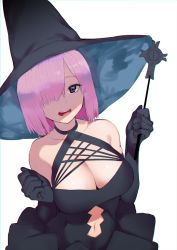 Rule 34 | 1girl, absurdres, aka shiro kiiro, alternate costume, bad id, bad twitter id, bare shoulders, black dress, black gloves, black hat, breasts, cleavage, collarbone, dress, elbow gloves, fate/grand order, fate (series), gloves, hair over one eye, hat, highres, large breasts, light purple hair, looking at viewer, mash kyrielight, open mouth, purple eyes, short hair, smile, solo, wand, witch hat